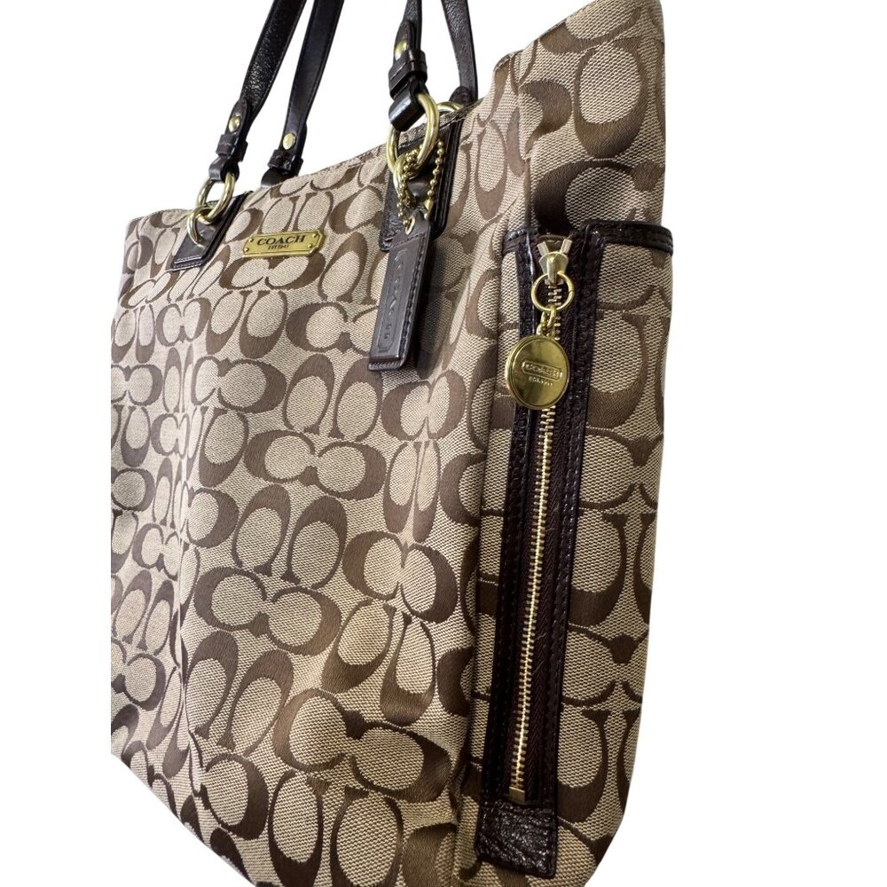 Coach Brown‎ Signature Canvas Tote Bag W/ Leather Handles & Gold-Tone Hardware - Picture 3 of 7